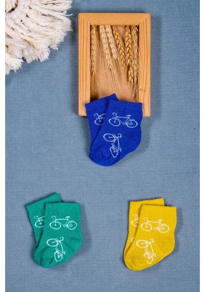 Cocole Socks Erkek Bebek Soket Çorabı 3 Lü Set Pamuklu Canlı Renkli & Bisiklet Desenli Çok Renkli