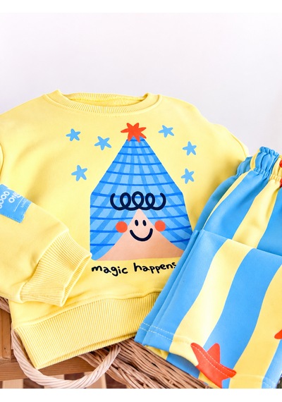 Elzo Collection Unisex Magic Yıldız Baskılı Sweatshirt Çizgili Eşofman Alt Üst Takım Sarı - Mavi Elzo Collection Unisex Magic Yıldız Baskılı Sweatshirt Çizgili Eşofman Alt Üst Takım Sarı - Mavi