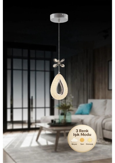 Damla Model Krom 3 Renk Modu Ledli Kristal Taşlı Modern Salon Mutfak Oturma Odası Led Avize Krom