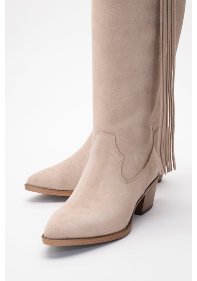 Luvishoes Luvi Shoes Rios Bej Hakiki Deri Süet Püsküllü Kadın Kalın Topuklu Çizme Bej Süet