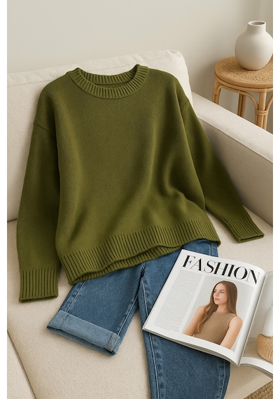 Femelle Kadın Haki Standart Beden Oversize Basic Triko Kazak - 357