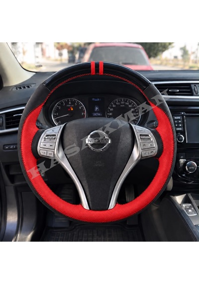 Nissan Qashqai Dikme Direksiyon Kılıfı Parlak Siyah Kırmızı Detaylı Kırmızı Çift Yüzük Ve Dikiş 2013-2017