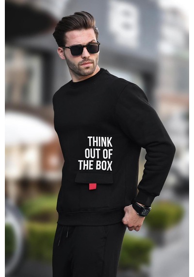 Madmext Siyah Bisiklet Yaka Şardonlu Cep Detaylı Baskılı Erkek Sweatshirt 7061 Siyah