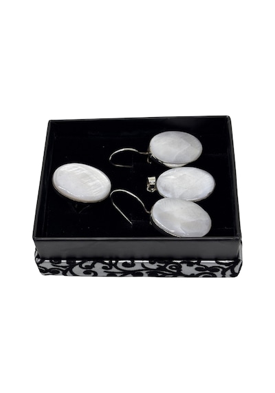 Oya Silver İri Oval Sedef Işıltılı Gümüş Set&takım