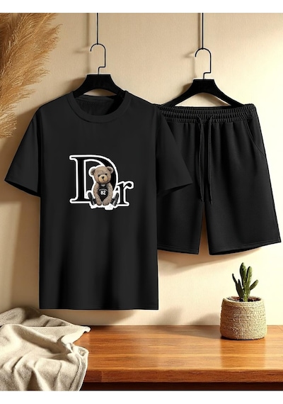Uyguntarz Unisex Dr. Ayı Tasarım Basklı Tshirt Şort Takımı Siyah