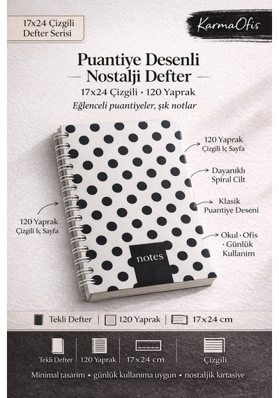 4'lü Spiral Çizgili Defter Seti 17x24 Cm 120 Yp Nostalji Desenli Okul Ofis Defteri