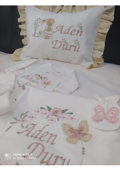 Nakış İşlemeli Çiçek &kelebek Desenli 10 Hastane Çıkış Seti Ekru