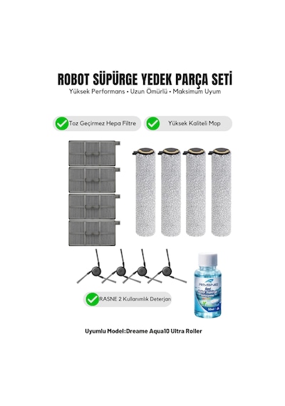 Dreame Aqua10 Ultra Roller İle Uyumlu 4 Yan Fırça 4 Filtre 4 Mop 1 Deterjan 2.0