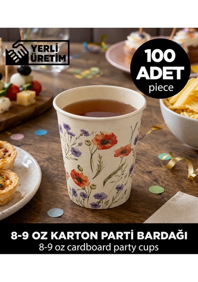 Gelincik Ve Kır Çiçeği Desenli 8-9 Oz Şık Davet Ve Organizasyon Karton Parti Bardağı 100 Adet Diğer