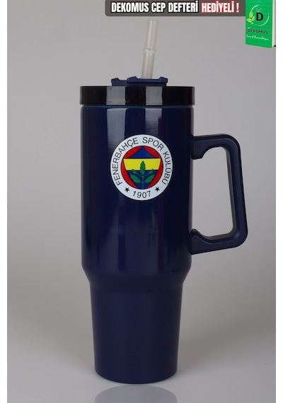 Lisanslı Fenerbahçe Pipetli Kulplu Termos Mug Paslanmaz Çelik Matara 1,20 Litre Altın