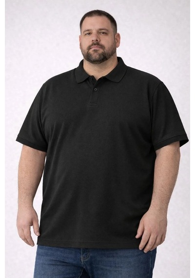 Erkek Polo Yaka Düğmeli Tişört Pike Kumaş Battal Beden Kısa Kol T-shirt - Siyah