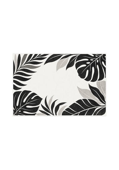 Kartela Halı Botanik Yaprak Desenli Banyo Paspası Siyah Beyaz Kaymaz Taban 60x90 Cm