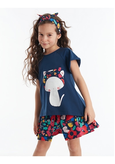 Denokids Çiçekli Kedi Kız Şort Takım Çok Renkli