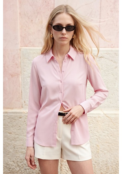Sateen Düz Klasik Gömlek - Pembe-137785