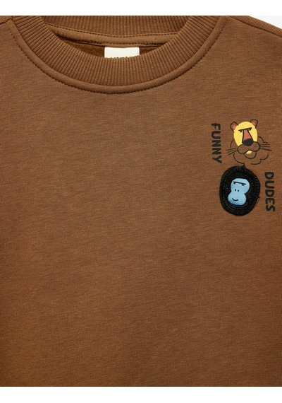 Koton Hayvan Baskılı Şardonlu Bisiklet Yaka Uzun Kollu Sweatshirt Kahverengi 7wmb10118tk Kahve