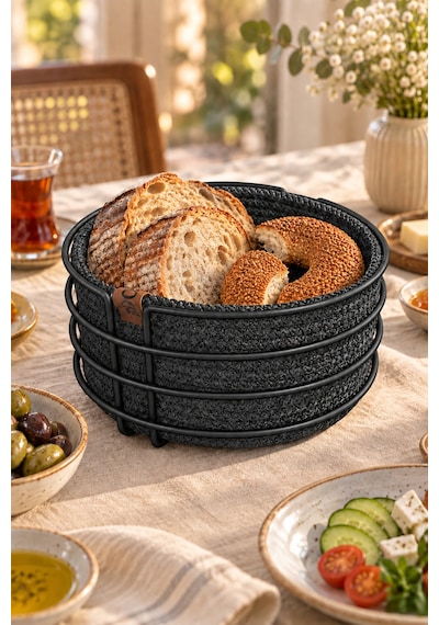 Siyah Yuvarlak Ekmek Sepeti, Ekmeklik Sunum Sepeti, Antrasit Gri Makrome Çok Amaçlı Paslanmaz Metal Renkli