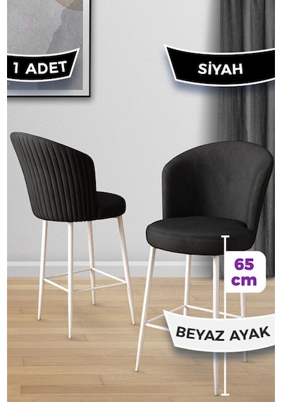 Canisa Alte Serisi 1 Adet 65 Cm Ada Siyah Mutfak Bar Sandalyesi Babyface Kumaş Beyaz Metal Ayaklı Sandalye Siyah Ayaklar Beyaz