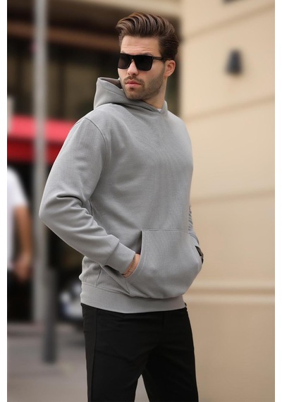 Madmext Boyalı Gri Kapüşonlu Cep Detaylı Sweatshirt 7095 Gri