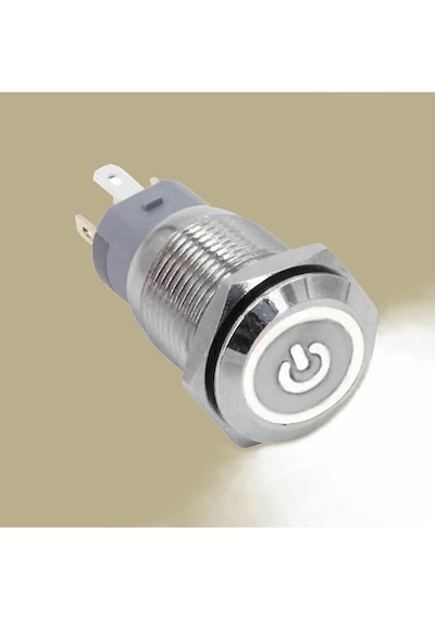 Alkatronik 16mm Metal Buton Beyaz Power Sembol Led Işıklı Panel Montaj Düz Kafa Kilitlemeli Dc 6a 12v Ip67 Düğm 1
