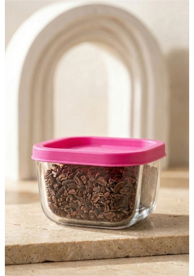 Lav Cube Cam Saklama Kabı 4'lü Küçük Boy 270 ml Kare Pembe Plastik Kapaklı (Kahvaltılık )
