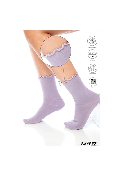 Saysez Bambu Kadın Lastiksiz Lila Fırfırlı Soket Dikişsiz Premium Çorap / Iz Bırakmaz / Sıkmayan Çorap Renkli