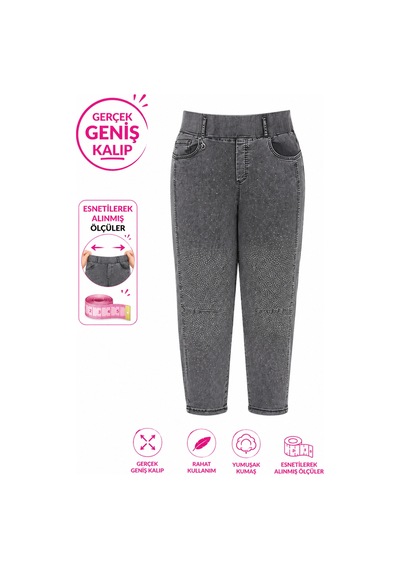 Zanessi Fashıon Büyük Beden Yüksek Bel Taş Detaylı Likralı Denim Mom Kadın Pantolon Siyah