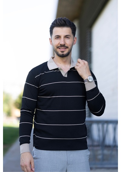 Hk Premium Çizgili Polo Yaka Slim Fit Triko Kazak Siyah