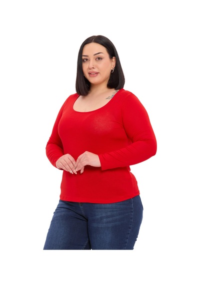 Disentis Büyük Beden U Yaka Uzun Kollu Viskon Kırmızı Body Kırmızı