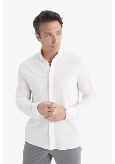 Defacto Regular Fit Polo Yaka Penye Uzun Kollu Gömlek E8067ax25auer105 Ekru
