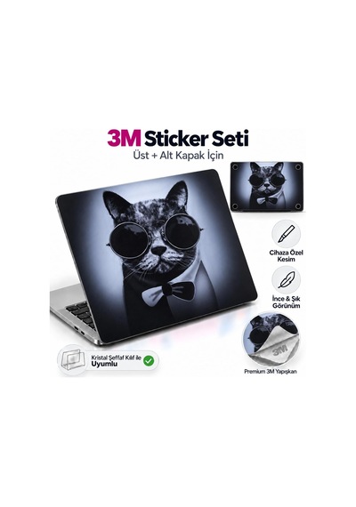 Macbook Pro 13 İnç Kristal Parlak Şeffaf Sert Kılıf Hard Case A2338 M1 M2 A2251 A2289 Uyumlu + Kedi Desenli 3m Sticker + Şeffaf Klavye Koruyucu 3'lü Set Siyah Belirtilmemiş