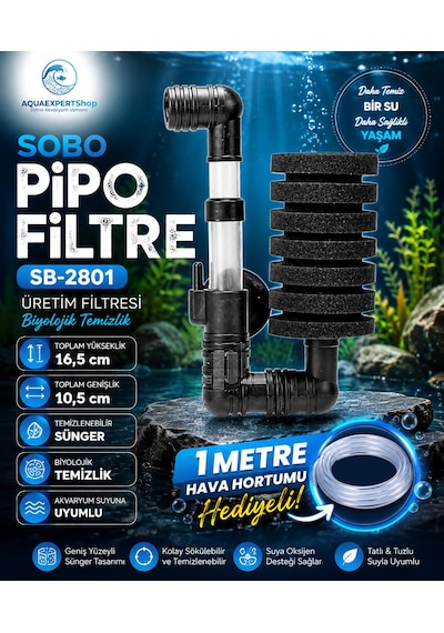 Obo Pipo Filtre - Üretim Filtresi - Biyolojik Temizlik - 1 Metre Hava Hortumu Hediye - 16,5 X 10,5 Cm. - Temizlenebilir Sünger - Sb-2801