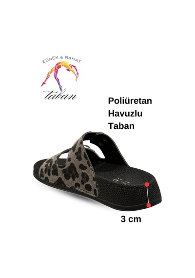 Sermoda Çift Toka Kadın Terlik - Rahat Ve Esnek Tabanlı Ayarlanabilir Bantlı Kadın Terlik Leopar Gri