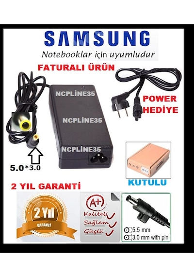 Samsung Uyumlu 19V 4.74A - 5.5Mm 3.0Mm Uç - Laptop Notebook Adaptör Şarj