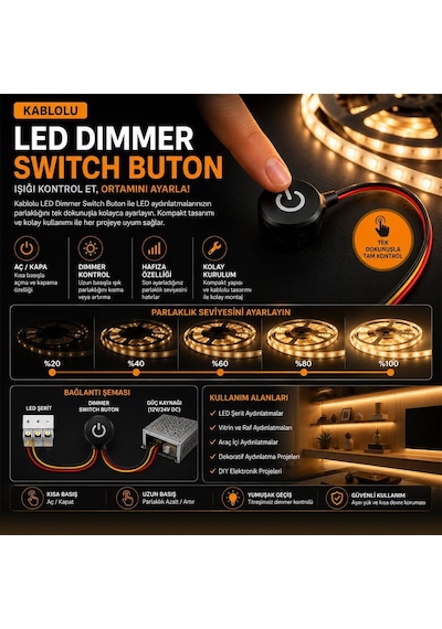 Powermaster Pm-30779 5v Dc 16mm Gömme Dokunmatik Led Dimmer Kontrolcüsü Switch Buton Siyah