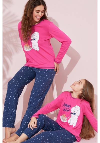 Siyah İnci Pamuklu Örme Pijama Takım 24241065 Fuşya