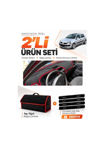 Renault Clio 2 Üst Çukurlu 2003-2006 Uyumlu Torpido Örtüsü + Tay Tüyü Çanta Seti - Siyah Kırmızı