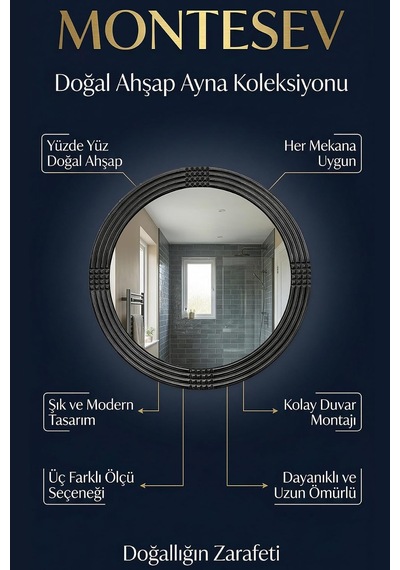 Safir Siyah Dekoratif Ayna Yuvarlak Ayna Işlemeli Ahşap Duvar Aynası Tek Parça 57cm Ayna - 69cm Çerçeve Diğer