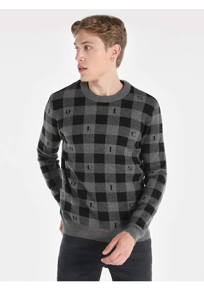 Colin's Colins Regular Fit Bisiklet Yaka Baskılı Gri Erkek Kazak Cl1065573 Gri Melanj