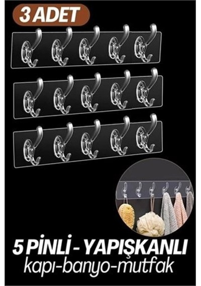 5 Pinli 3 Lü Set Yapışkanlı Askı Xenoty Design 718948 50cm
