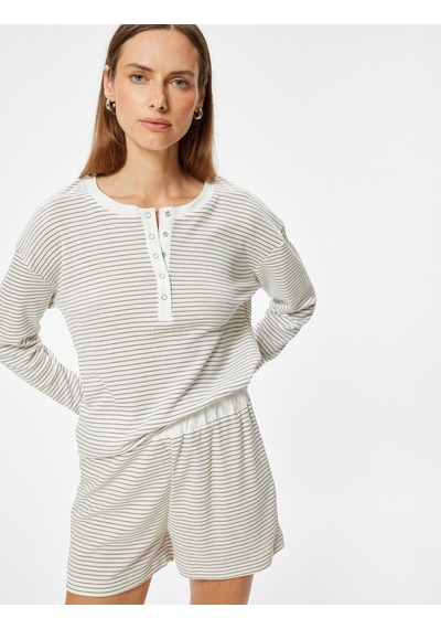 Koton Şort Pijama Altı Beli Lastikli Rahat Kalıp Bej Çizgili 5wlk80004mk Ekru