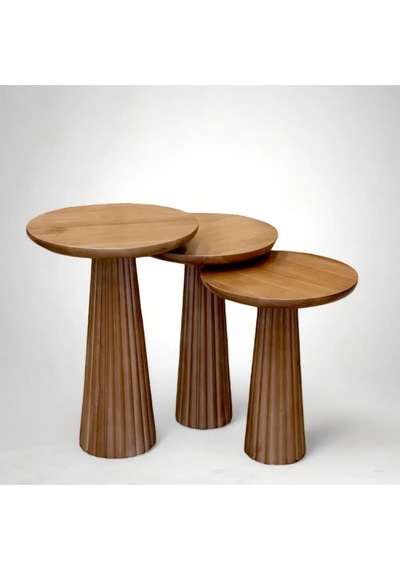 Simillo Wood Ahşap 3 Lü Set Koyu Ceviz Renkli Fitilli Mantar Yan Sehpa Fiskos / Çiçeklik Modern Doğal Ahşap