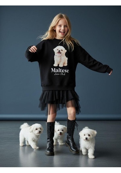 Kız Çocuk Pamuklu Köpek Baskılı Oversize Tasarım Sweatshirt-16472 Siyah