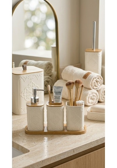 Makri Home 7 Parça Desenli Kare Bambu Kapaklı Beyaz Banyo Seti, Hacim: 8 Litre Beyaz