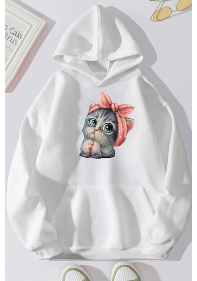 Uyguntarz Unisex Sevimli Kedi Sweatshirt beyaz