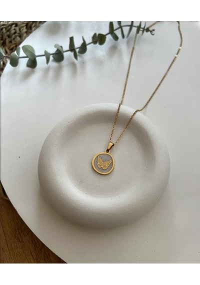 Çelik Gold Kelebek Model Sedef Kolye Çok Renkli