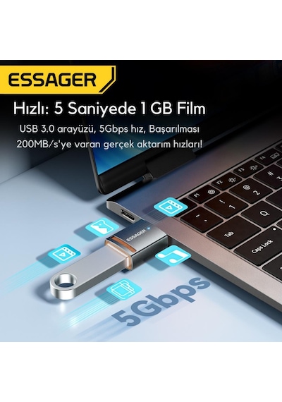 Essager Usb To Type-c Otg Dönüştürücü Adaptör, 5 Gbps Veri Aktarım, Usb Type C Çevirici, Klavye, Mouse Çevirici
