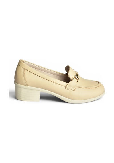Fox Shoes Y555592003 Bej Hakiki Deri Kalın Alçak Topuklu Kadın Ayakkabı