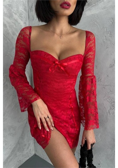 Dip Moda Kadın Kırmızı Glop Detaylı Dantel Mini Elbise Dpnbdf105 Kırmızı
