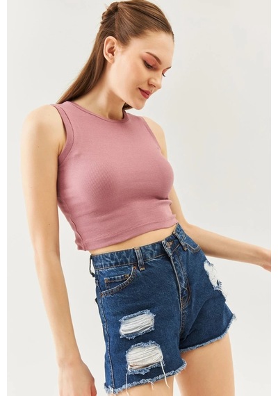 Butikgiz Kadın Sıfır Kol Bisiklet Yaka Vücuda Oturan %100 Pamuklu Kaşkorse Esnek Crop Bluz Gül Kurusu