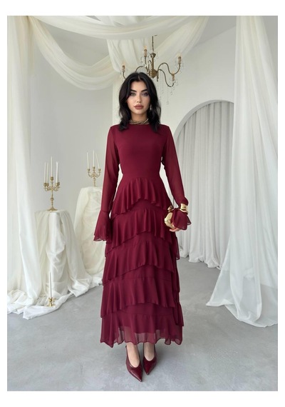 Nils Butik Katlı Şifon Detaylı Uzun Abiye Elbise Bordo